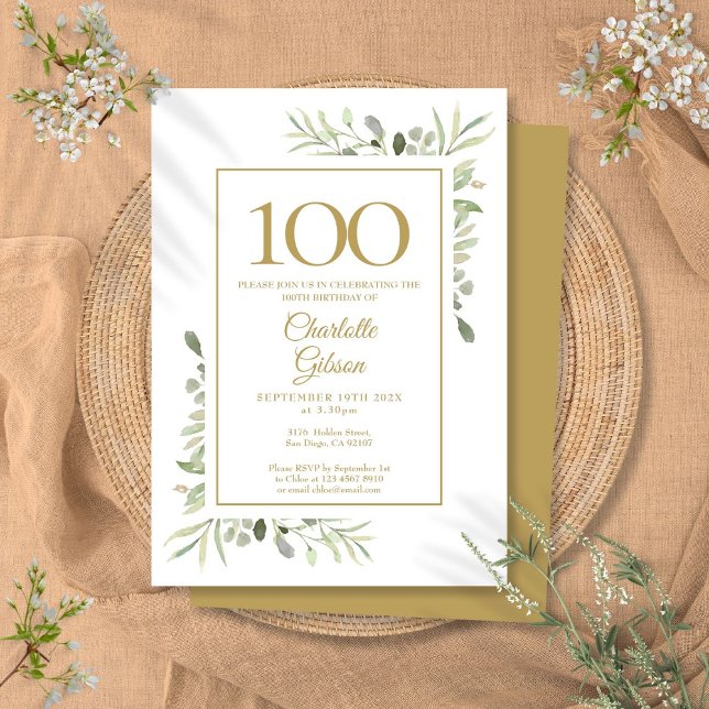 Elegant Gold Watercolor Greenery 100th Birthday Invitation (Elegant Gold Watercolor Greenery 100th Birthday Invitation)