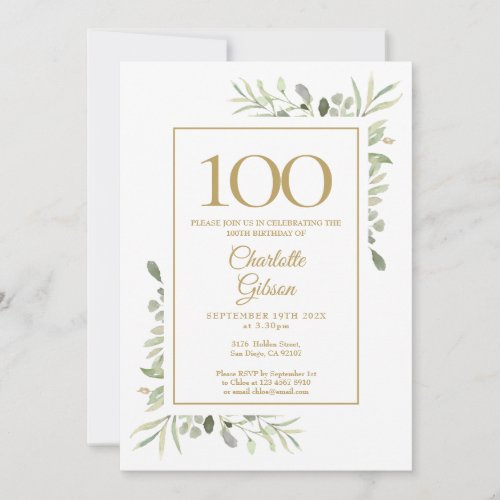 Elegant Gold Watercolor Greenery 100th Birthday Invitation
