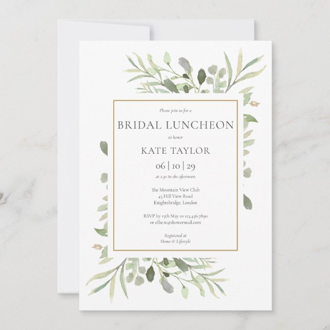 Elegant Gold Watercolor Greenery Bridal Luncheon Invitation (Front)