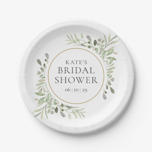 Elegant Gold Watercolor Greenery Bridal Shower Paper Plates
