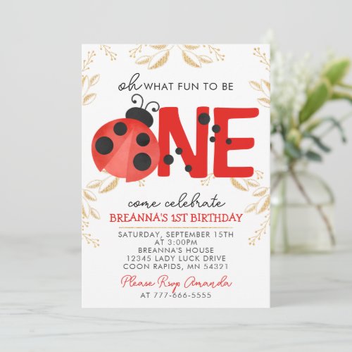 Elegant Gold Watercolor Ladybug 1st Birthday Party Invitation