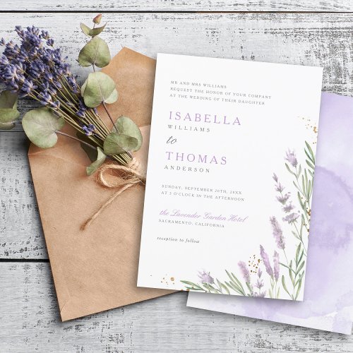 Elegant Gold  Watercolor Lavender Floral Wedding Invitation