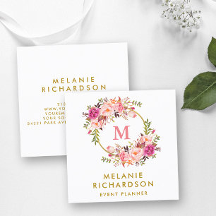Elegant Gold Watercolor Pink Floral Monogram Square Business Card