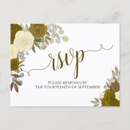 Elegant Gold Watercolor Roses Wedding RSVP Postcard