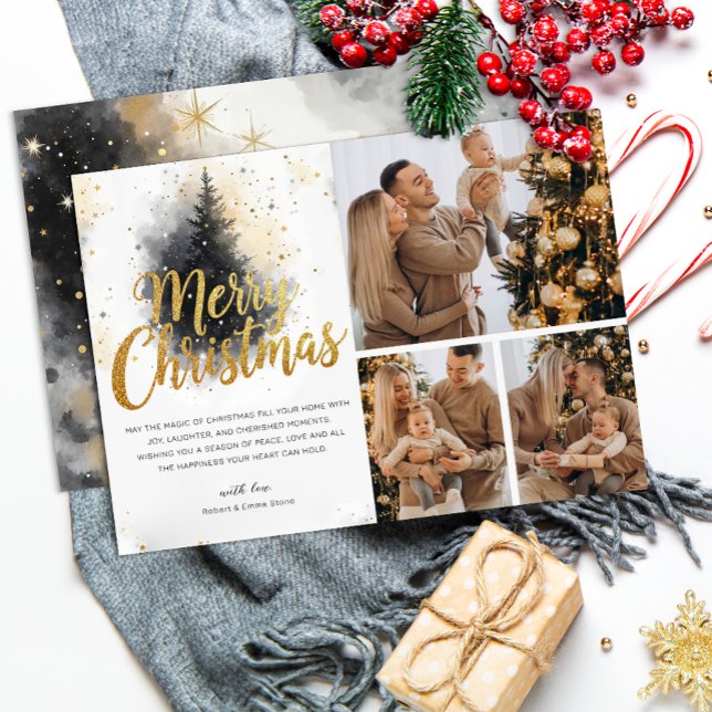 Elegant Gold Watercolor Tree Multi Photo Christmas Invitation (Family Christmas Card)