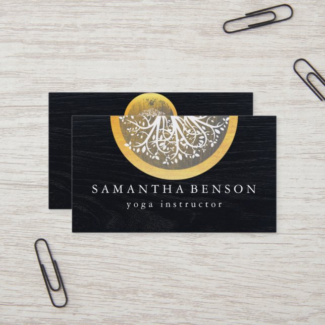 Elegant Gold Watercolor Tree Yoga and Meditation Business Card (Front/Back In Situ)