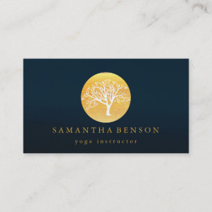 Elegant Gold Watercolor Tree Yoga and Meditation Business Card