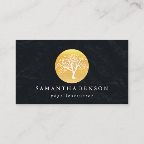 Elegant Gold Watercolor Tree Yoga and Meditation Business Card