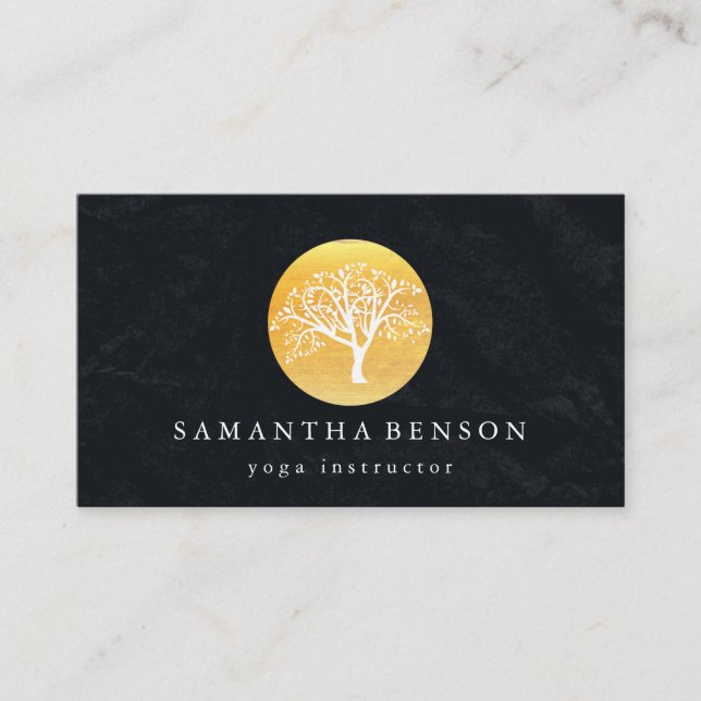 Elegant Gold Watercolor Tree Yoga and Meditation Business Card (Front)