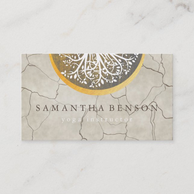 Elegant Gold Watercolor Tree Yoga and Meditation Business Card (Front)