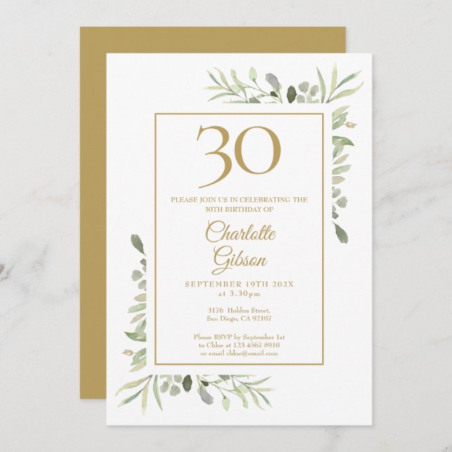 Elegant Gold Watercolour Greenery 30th Birthday Invitation (Front/Back)