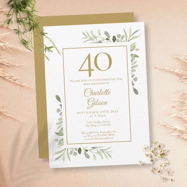 Elegant Gold Watercolour Greenery 40th Birthday Invitation (Creator Uploaded)