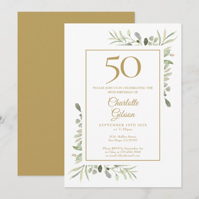 Elegant Gold Watercolour Greenery 50th Birthday Invitation (Front/Back)