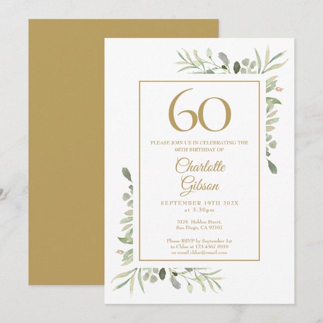 Elegant Gold Watercolour Greenery 60th Birthday Invitation (Front/Back)