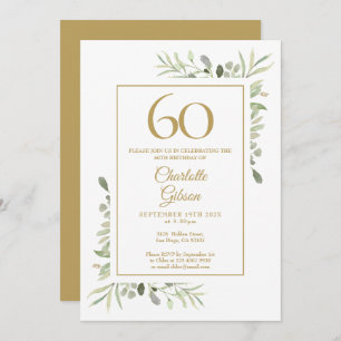 Elegant Gold Watercolour Greenery 60th Birthday Invitation