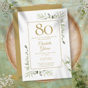Elegant Gold Watercolour Greenery 80th Birthday Invitation