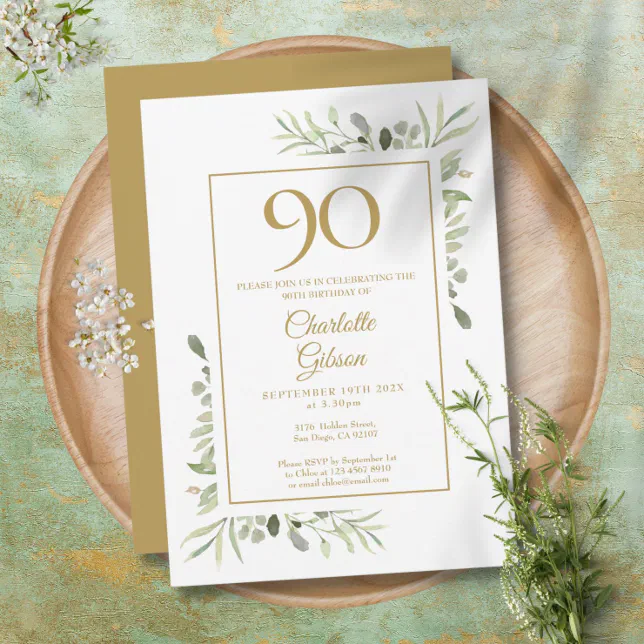 Elegant Gold Watercolour Greenery 90th Birthday Invitation | Zazzle