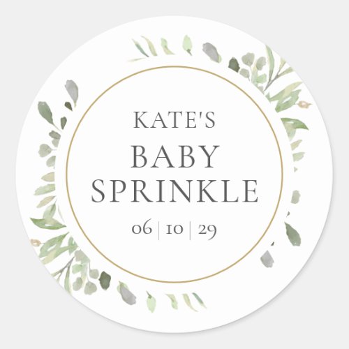 Elegant Gold Watercolour Greenery Baby Sprinkle Classic Round Sticker