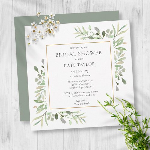 Elegant Gold Watercolour Greenery Bridal Shower Invitation