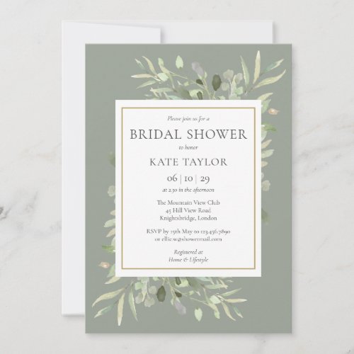 Elegant Gold Watercolour Greenery Bridal Shower Invitation - Featuring delicate watercolour leaves on a silver sage background, this chic bridal shower invitation can be personalised with your special bridal shower information, with a silver sage background on the reverse. Designed by Thisisnotme©