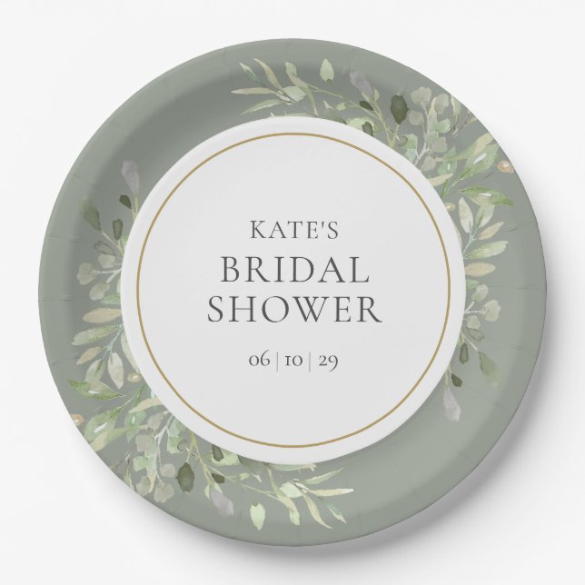 Elegant Gold Watercolour Greenery Bridal Shower Paper Plates (Front)