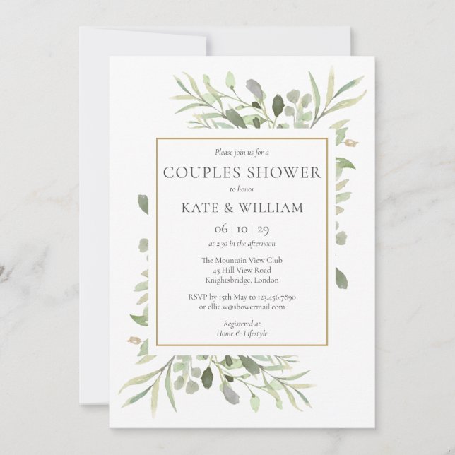 Elegant Gold Watercolour Greenery Couples Shower Invitation (Front)