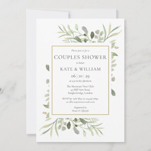 Elegant Gold Watercolour Greenery Couples Shower Invitation