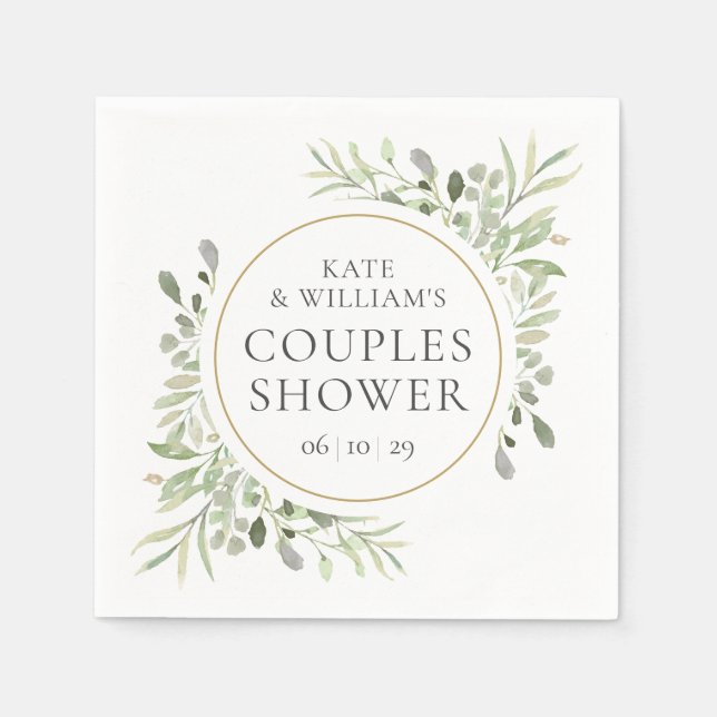 Elegant Gold Watercolour Greenery Couples Shower Napkins (Front)