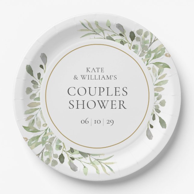 Elegant Gold Watercolour Greenery Couples Shower Paper Plates (Front)