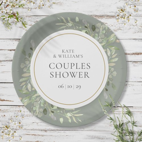 Elegant Gold Watercolour Greenery Couples Shower Paper Plates