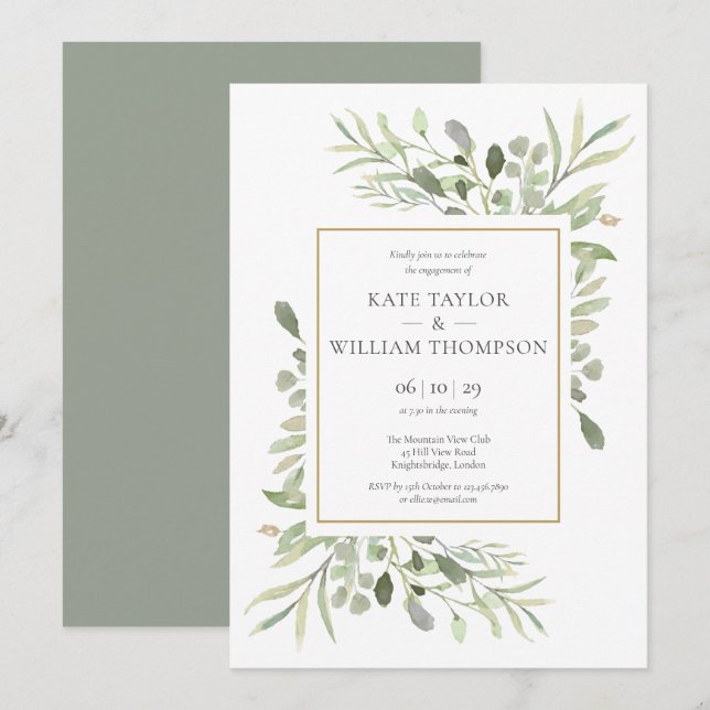 Elegant Gold Watercolour Greenery Engagement Invitation (Front/Back)