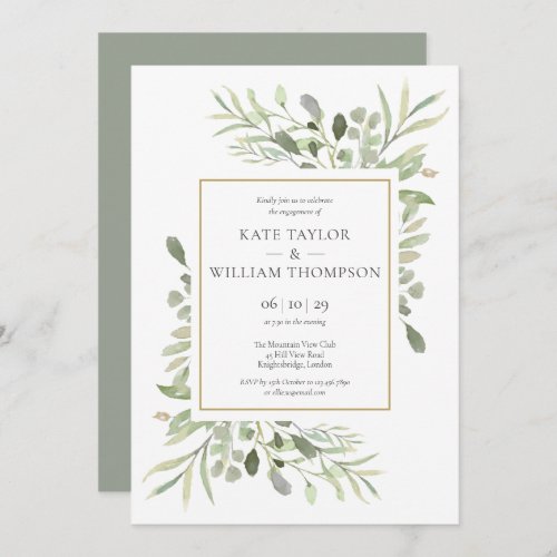 Elegant Gold Watercolour Greenery Engagement Invitation