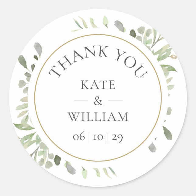 Elegant Gold Watercolour Greenery Wedding Favor Classic Round Sticker (Front)