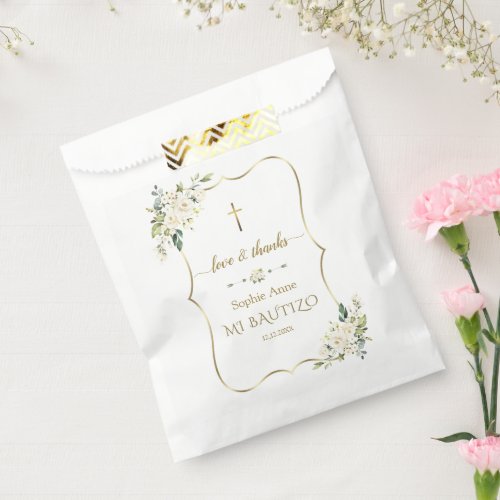 Elegant gold Watercolour White Flowers Baptism Favor Bag