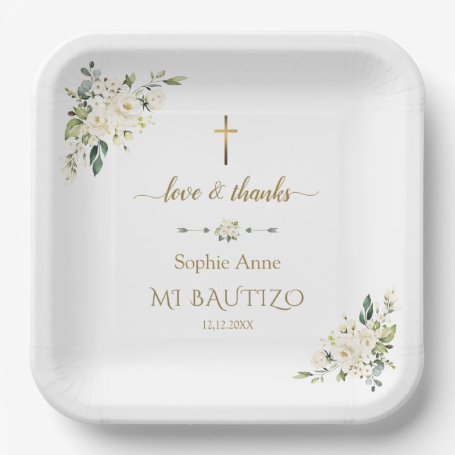 Elegant Gold Watercolour White Flowers Baptism Paper Plates (Front)