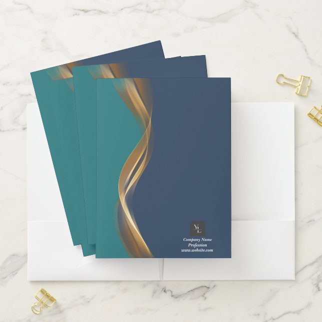 Elegant Gold Wave Blue Teal with Business Logo Pocket Folder (In Situ)