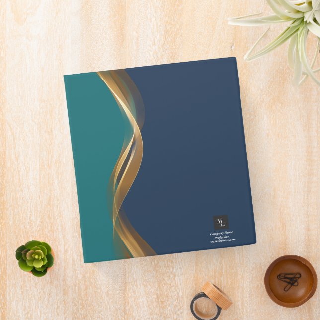 Elegant Gold Wave Blue Teal with Logo 3 Ring Binder (In Situ)