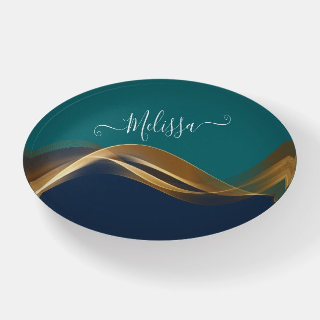 Elegant Gold Wave Blue Teal with Name Paperweight (Front)