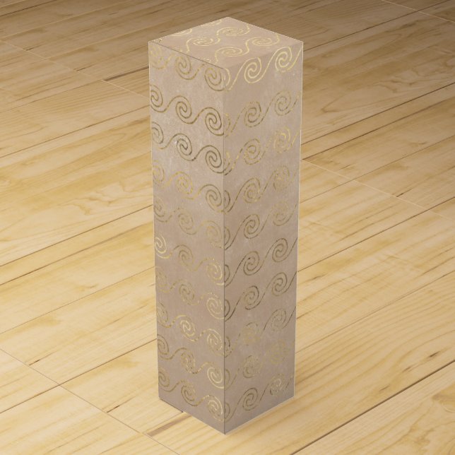 Elegant Gold Wave Swirl Pattern on Beige Wine Box (Back)