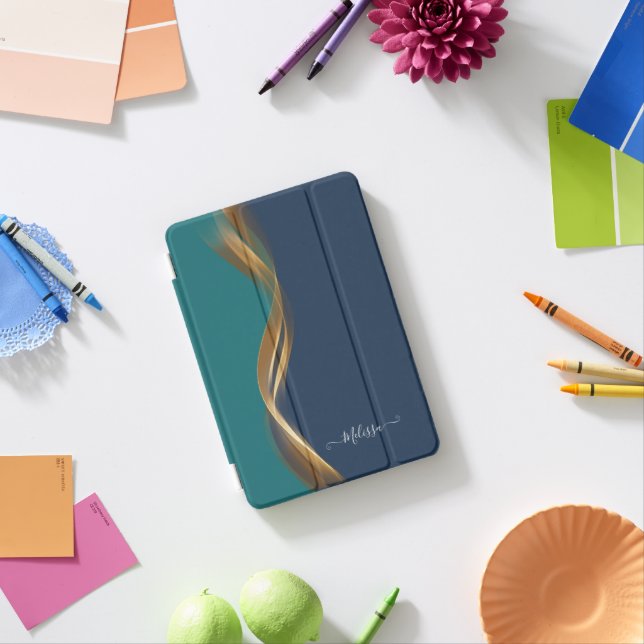 Elegant Gold Waves Blue Teal with Name iPad Mini Cover (In Situ)