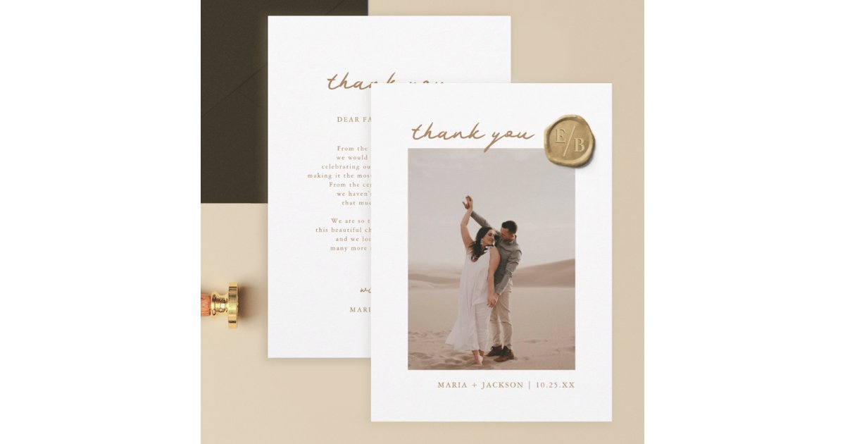 Elegant Gold Wax Seal Photo Wedding Thank You Card | Zazzle