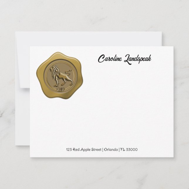 Elegant Gold Wax Seal with Leo Note Card (Front)