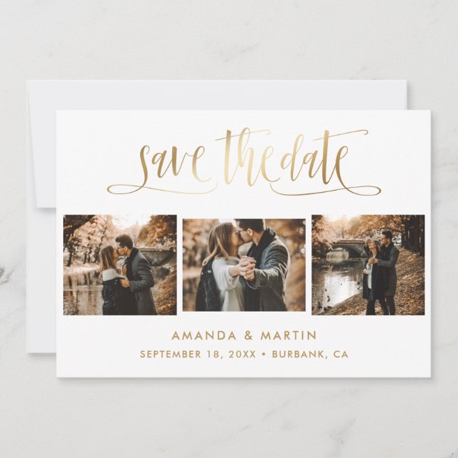 Elegant Gold Wedding 3 Photo Save The Date (Front)
