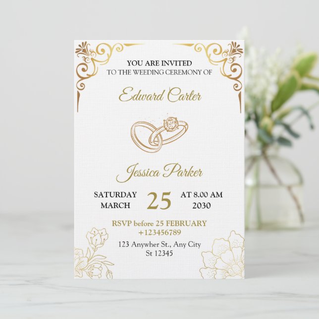 Elegant Gold Wedding Invitation Template Card (Standing Front)