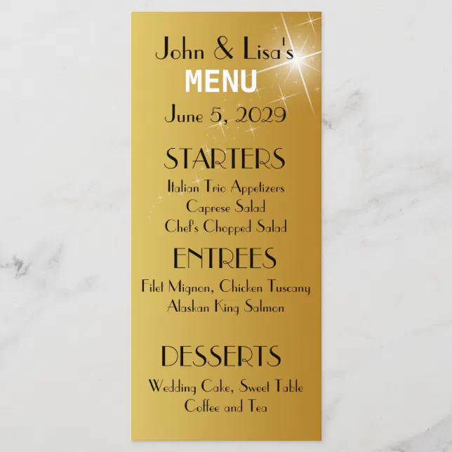 Elegant Gold Wedding Menu Card Custom Rack Card | Zazzle
