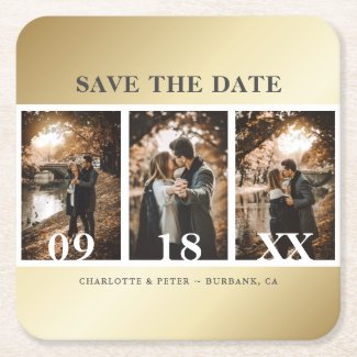 Elegant Gold Wedding Photo Save The Date Coasters