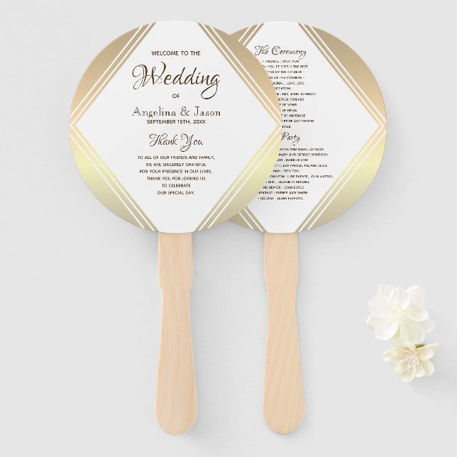 Elegant Gold Wedding Program Hand Fan (Front and Back)
