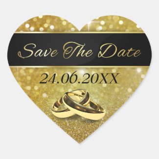 Elegant Gold Wedding Rings Glitter Save The Date Heart Sticker