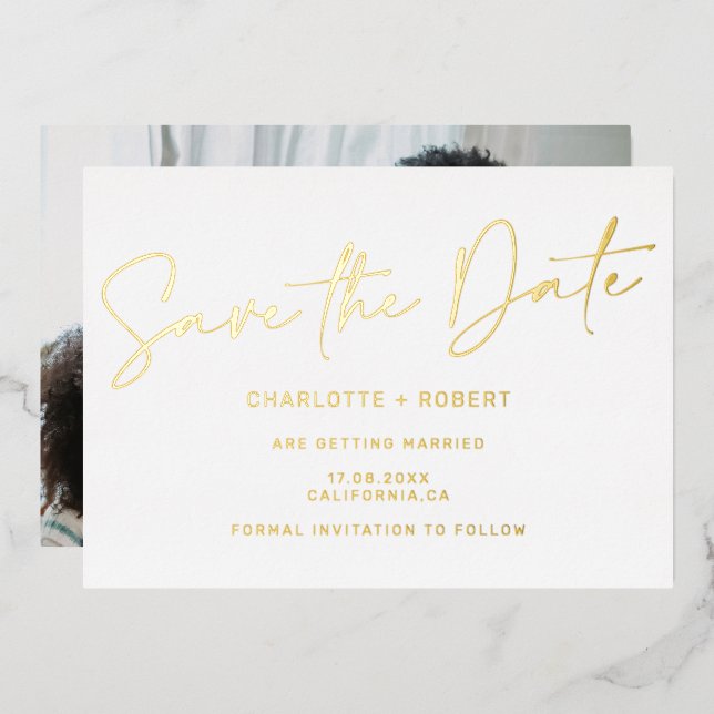 Elegant gold wedding save the date photo foil invitation (Front/Back)