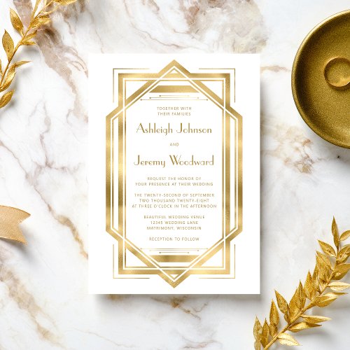 Elegant Gold White 1920s Deco Frame Wedding Invitation